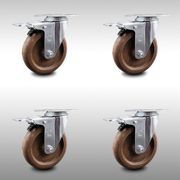 5 Inch SS High Temp Glass Filled Nylon Top Plate Caster Set Total Lock Brake SCC